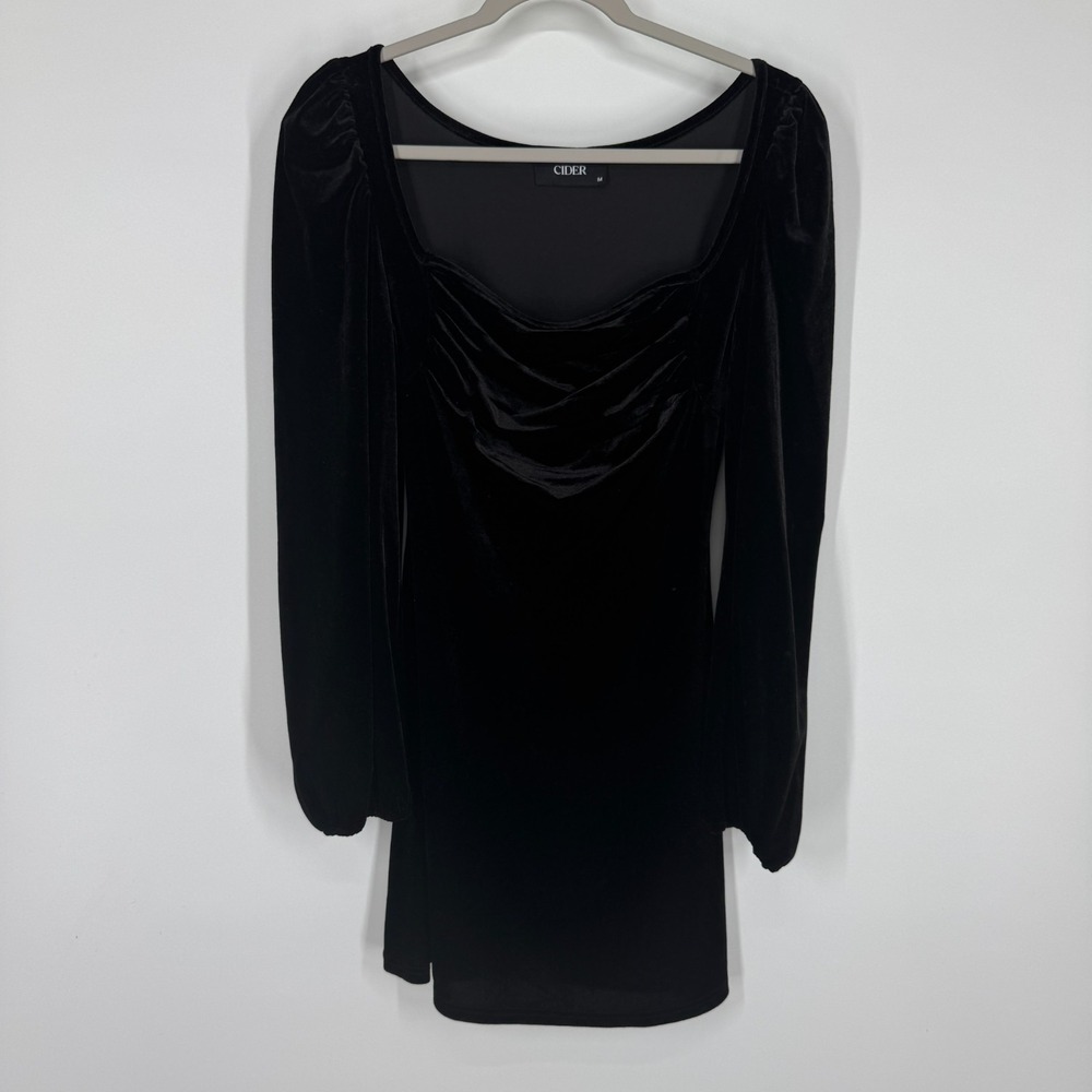 CIDER Women's Medium Black Velvet Mini Cocktail Party Dress Witchy Ruched Goth